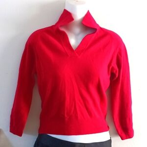 Vtg ANGOLAMB Rosy Red Sweater   Sailor Collar 3/4 Sleeve Wool Blend 50's Preppy